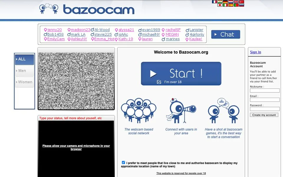 Bazoocam homepage screenshot